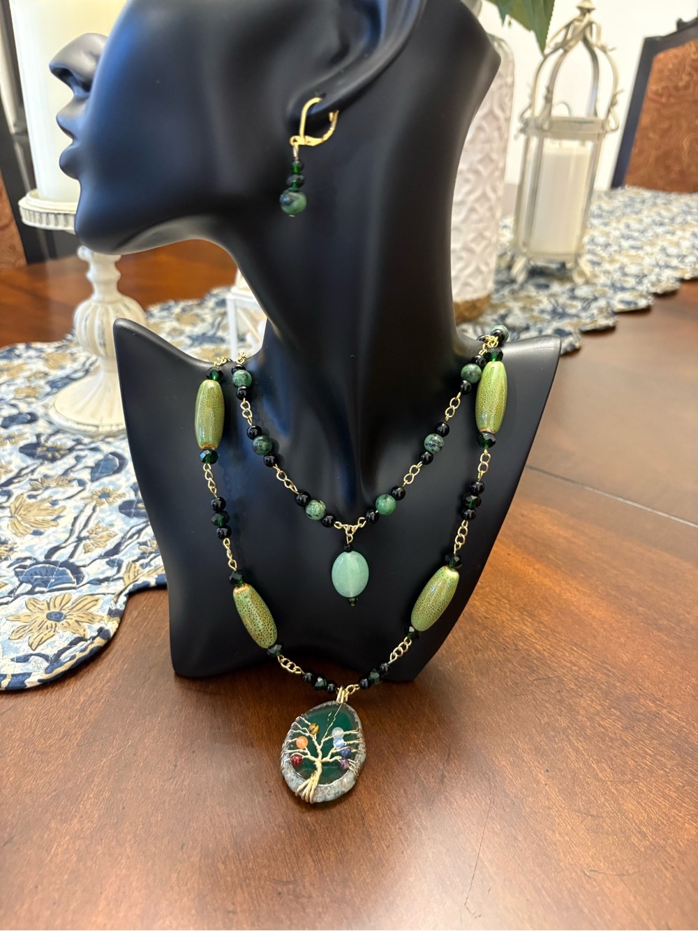 Green Tree of Life Beaded Necklace and Earring Set - Women Jewelry